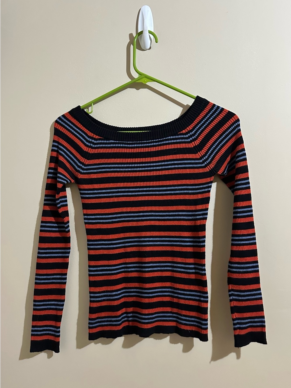 Forever 21 Black, Red & Blue Striped Ribbed Long Sleeve Top